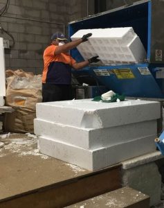 Polystyrene going into the recycling machine